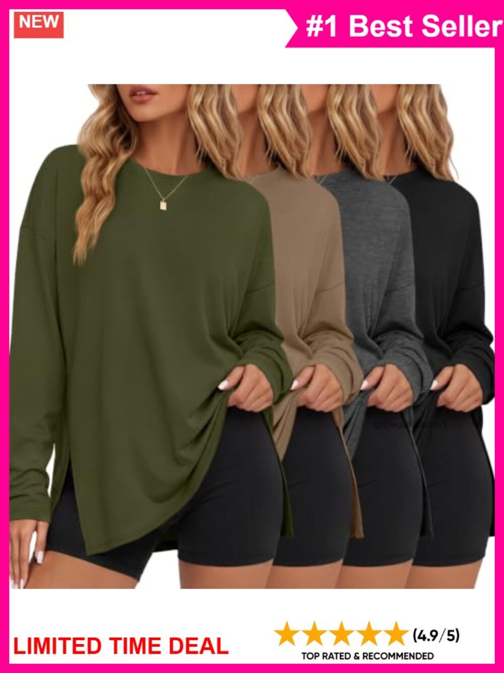4 Pack Womens Long Sleeve Oversized T Shirts Loose Fit Crew Neck Tops